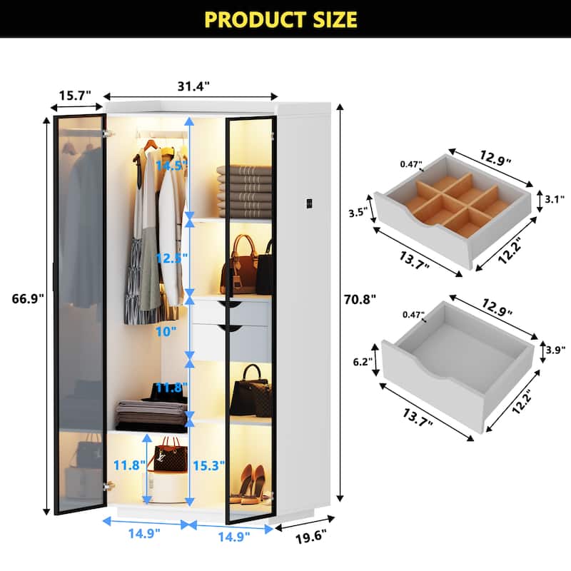 2-Door Wardrobe Armoire with LED Lights