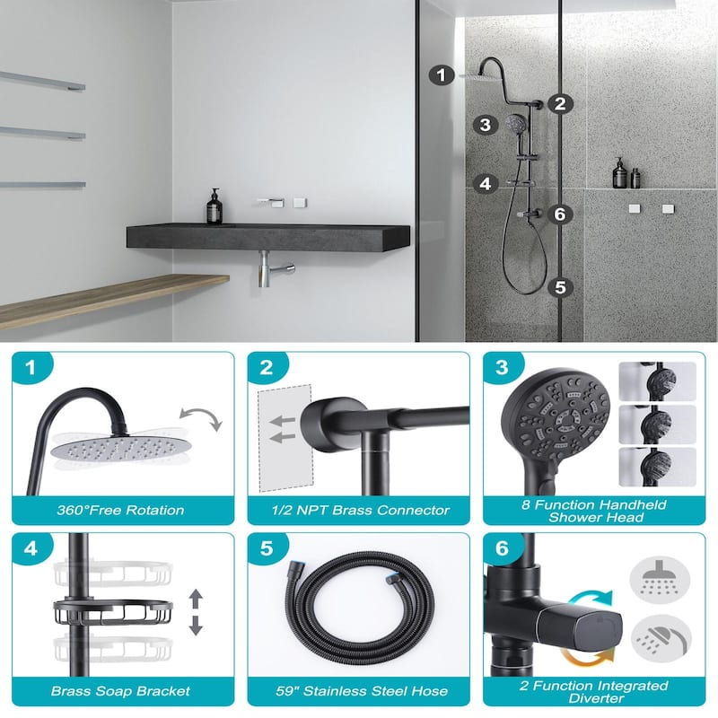 WOWOW Wall Bar Shower Kit 8 in. Rain Shower Head with Hand Shower