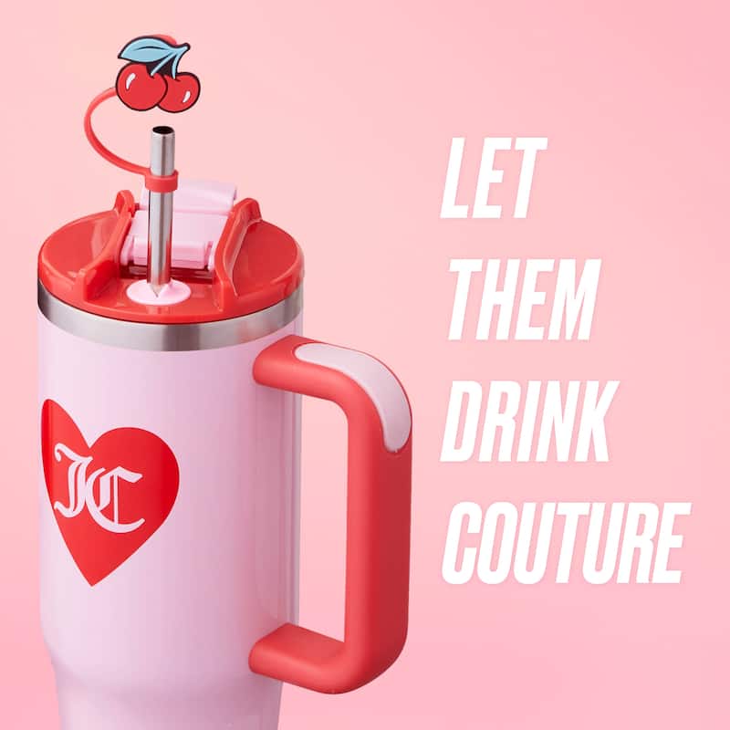 Juicy Couture Jetsetter Hydration Stainless Steel Tumbler with Handle and Straw With Topper