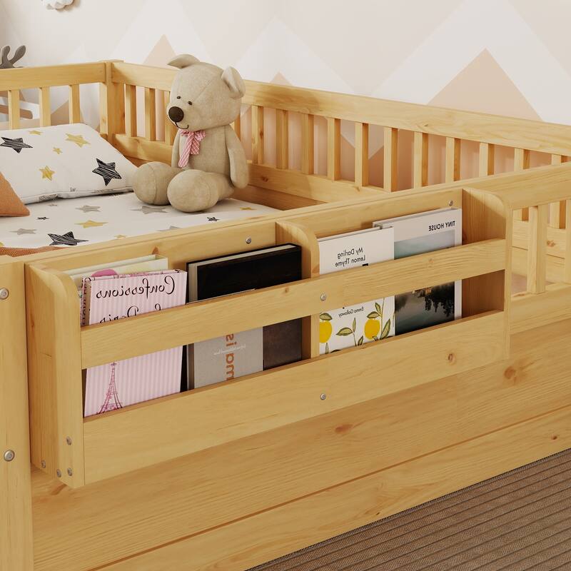 Montessori Floor Bed Frame with High Rails, Wood Toddler Floor Bedframe with Light and Headboard Storage Shelf for Kids Room