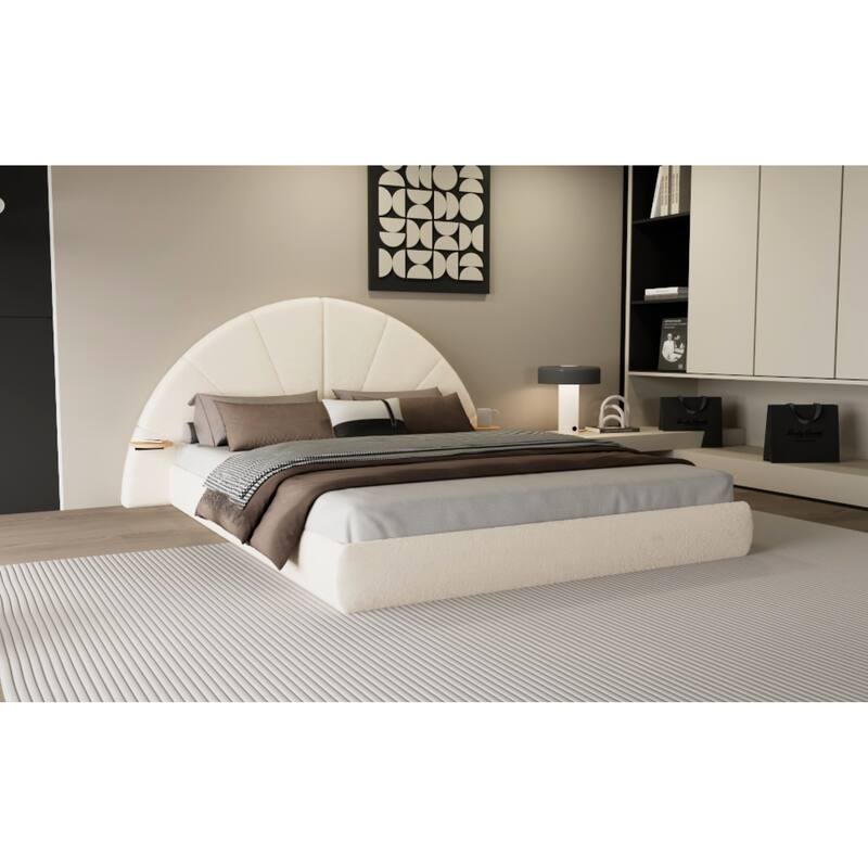 Roomfitters Queen Arched Boucle Bed Frame with Attached Side Table, Beige
