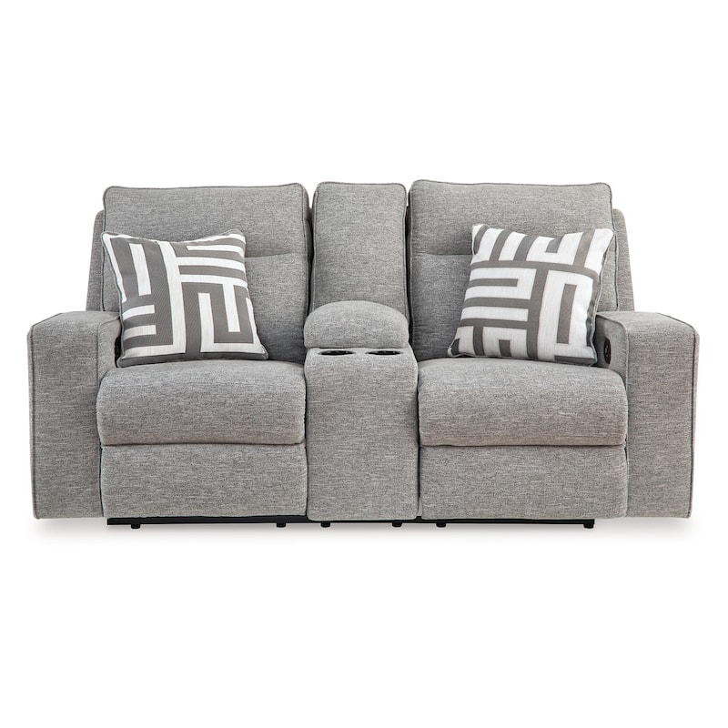 Cloe Power Reclining Loveseat, Gray Performance Nuvella, 2 Pillows