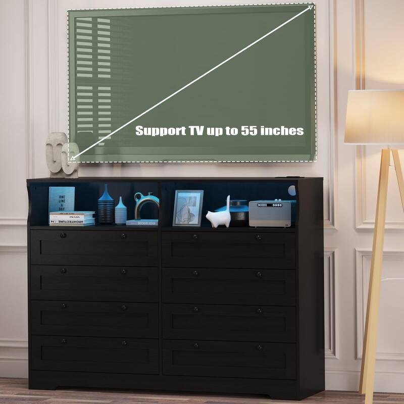 8 Drawers Wooden Dressers for Bedroom Living Room, Hallway, Wood Dressers with Led Lights and Charging Station