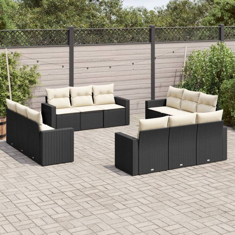 vidaXL Patio Sofa Set with Cushions Outdoor Furniture 12 Piece Poly Rattan - Black and Cream - 73.2 x 24.4 x 27.2 in. (W x D x H)