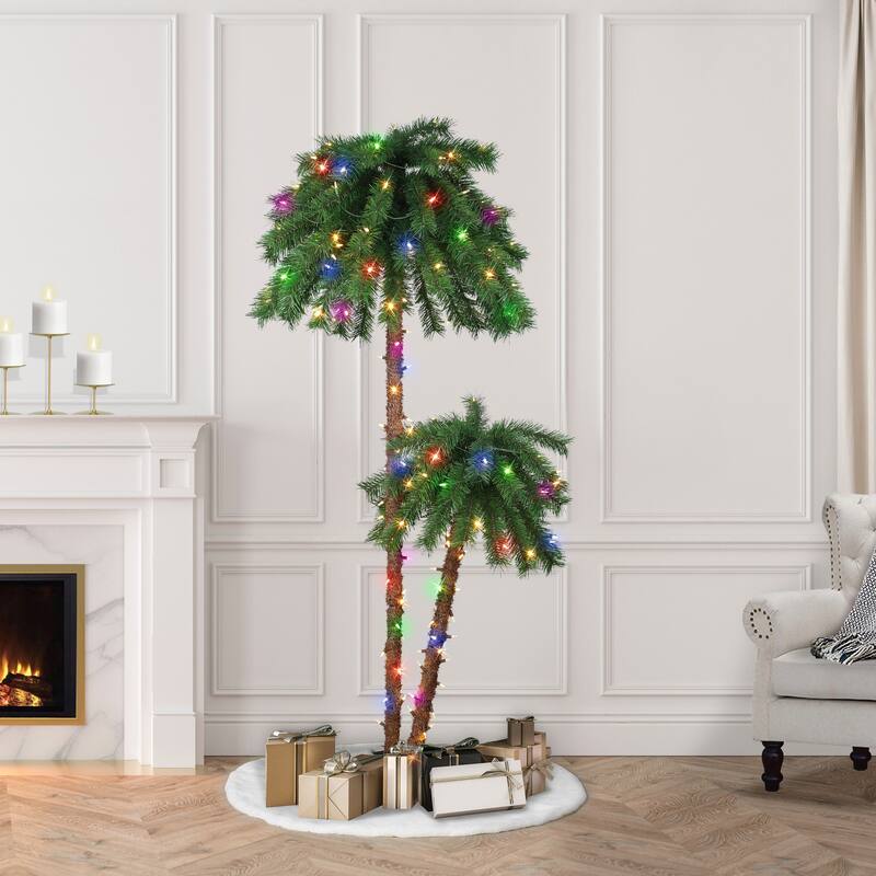 Puleo International 3.5 ft. & 6 ft. Pre-Lit Double Trunk Artificial Palm Tree - Green