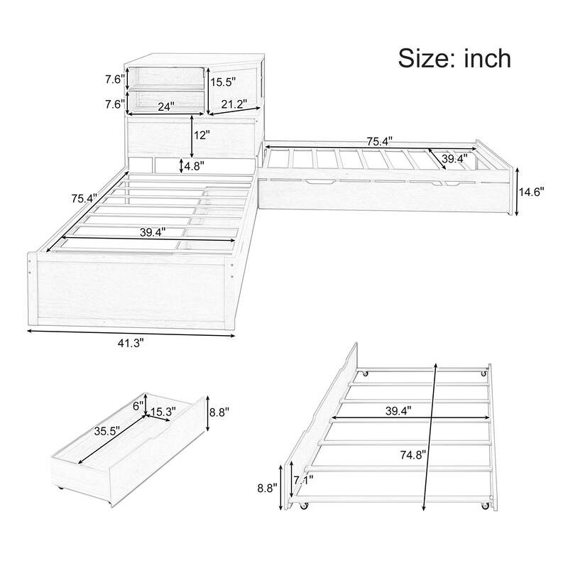 Twin L-Shaped Combination Daybed with Drawers & Trundle, 3-in-1 Low Corner Platform Bed Linked w/Built-in Desk & Led Downlight