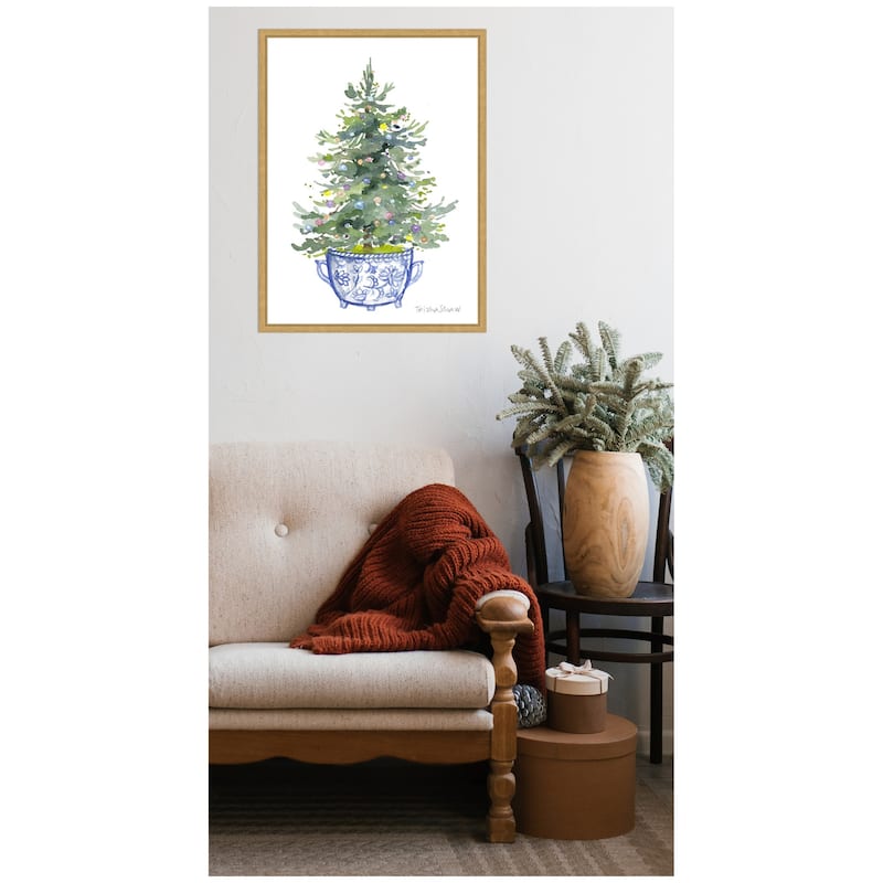 Kate and Laurel Sylvie Framed Canvas Traditional Christmas Tree In Blue Chinoiserie Pot by Patricia Shaw