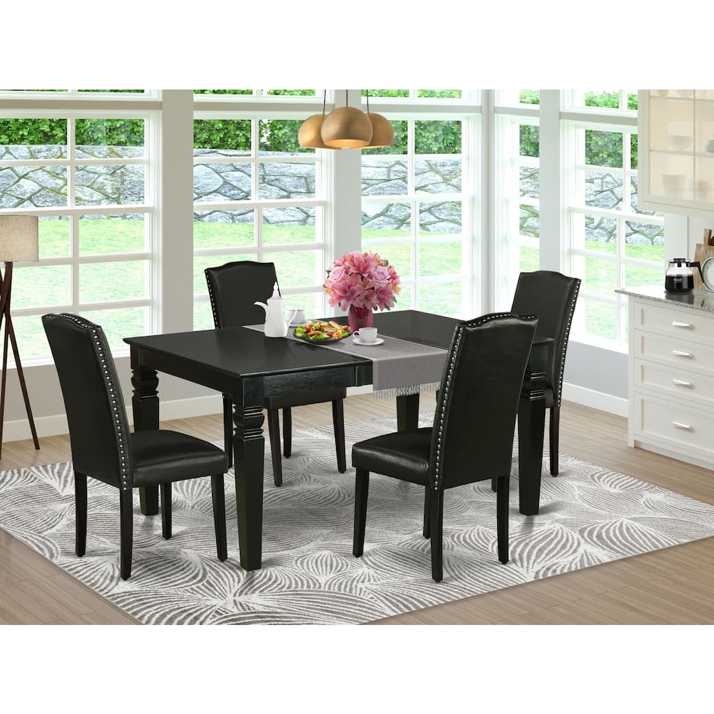 HomeStock 5-Piece Rectangle Black Finish Solid Wood Top Dining Table with 4-Parson Chair with Butterfly Leaf Lattice Back