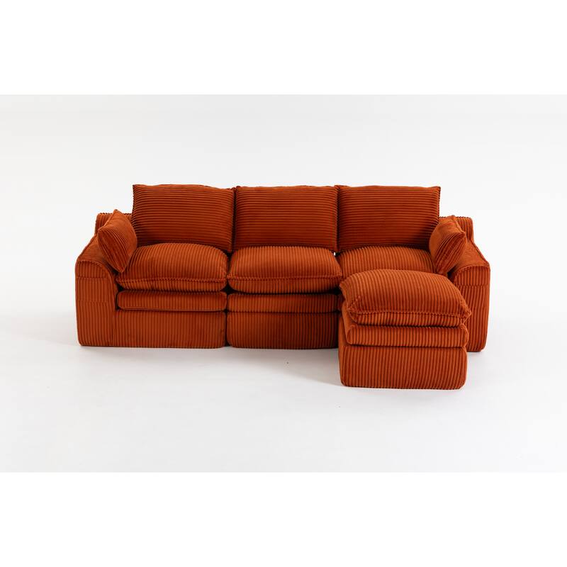L Shaped Sectional Sofa Corduroy Upholstered Boneless Couches with Movable Footstool, With Three Pillows and Two Lumbar Pillows