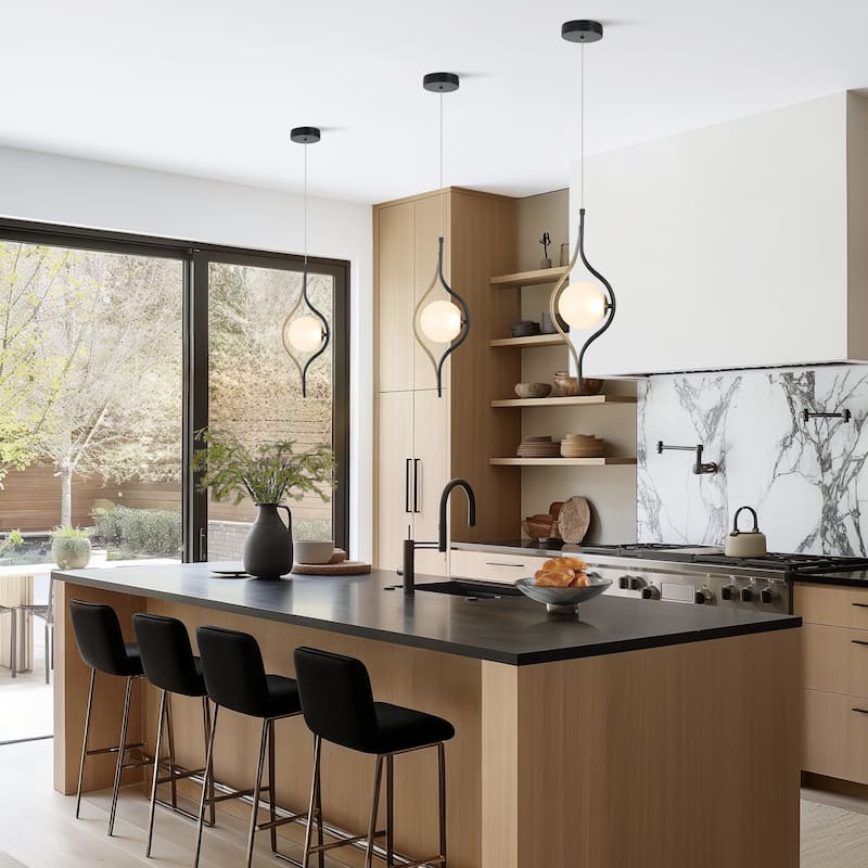 Modern Contemporary 1-Light Black Gold Kitchen Island LED Pendant Lights with Frosted Glass - 6.5" L x 5.5" W x 20" H
