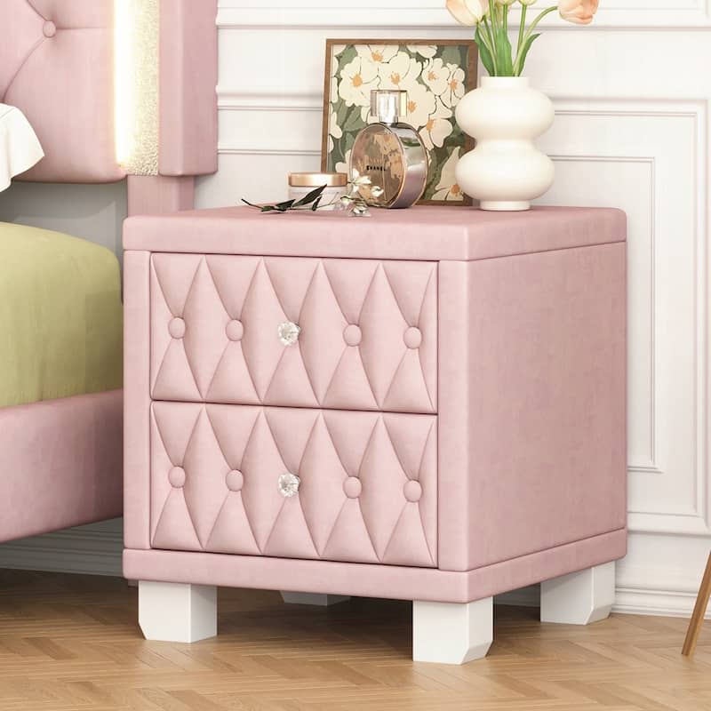 Elegant Velvet Nightstand with 2 Drawers and Crystal Handle - Pink