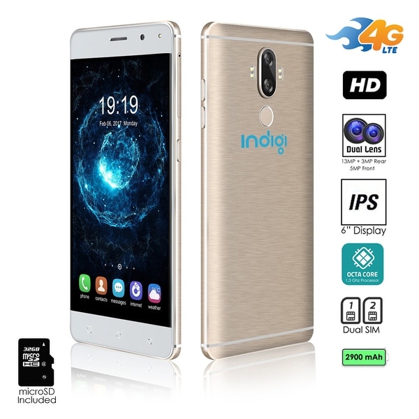 Indigi GSM Unlocked 4G LTE 6" Android 7 Smartphone (Octa-Core @ 1.3ghz + 2SIM + Fingerprint) (Gold) +32gb microSD