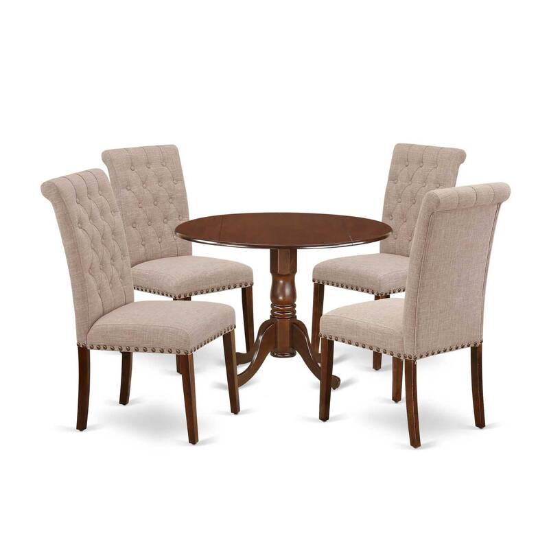 Round Dinette Set with Drop Leaf Table & 4 Parsons Chairs - Light Fawn Fabric, Mahogany Finish - 25.5
