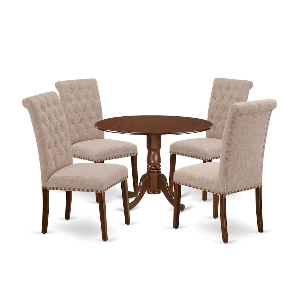 HomeStock 5-Piece Round Mahogany Finish Solid Wood Top Dining Table with 4-Parson Chair with Drop Leaf Lattice Back