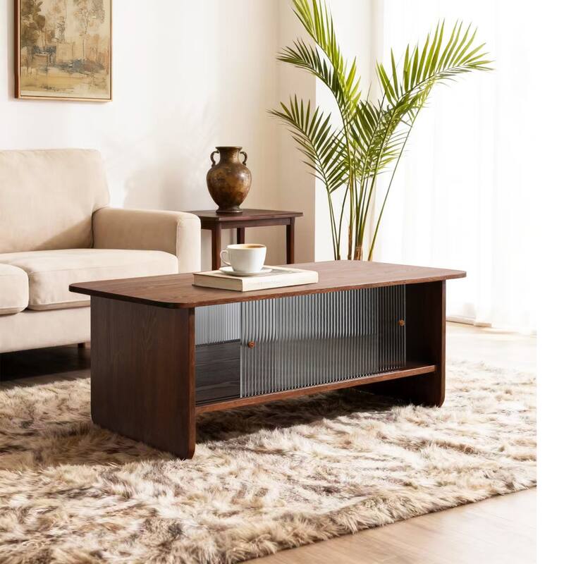 47" Stylish Coffee Table 2-Tier Center Tables with Storage, Large Living Room Table Rectangular Wood Tea Tables with Glass Door