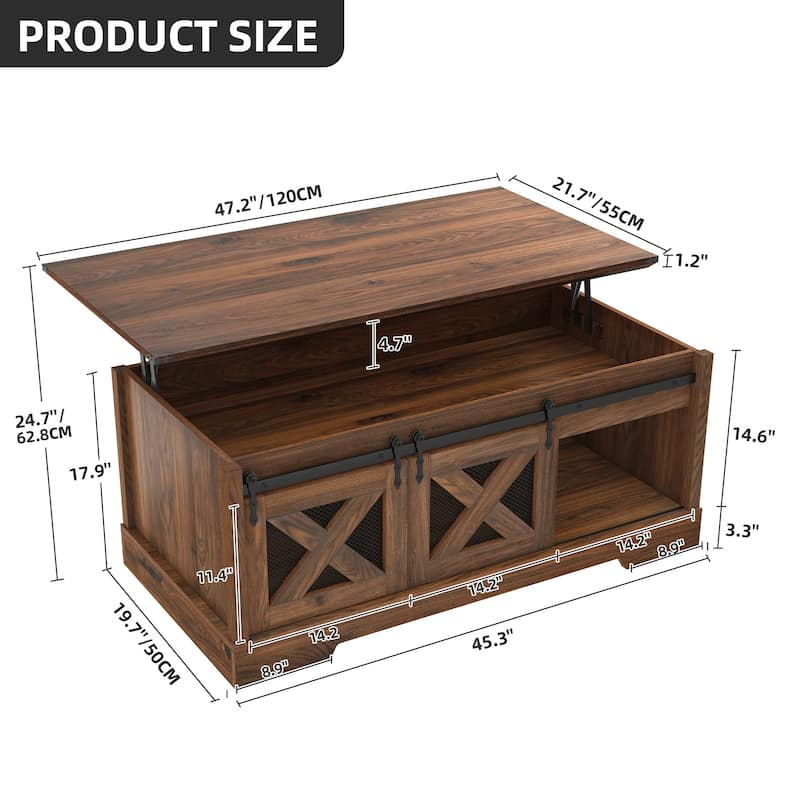 Moasis Lift Top Coffee Table with Hidden Storage and Shelves Farmhouse Sliding Barn Doors