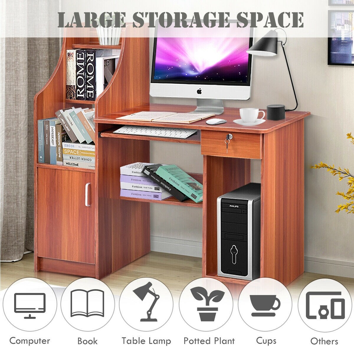 gymax computer study desk laptop table writing workstation w bookshelf