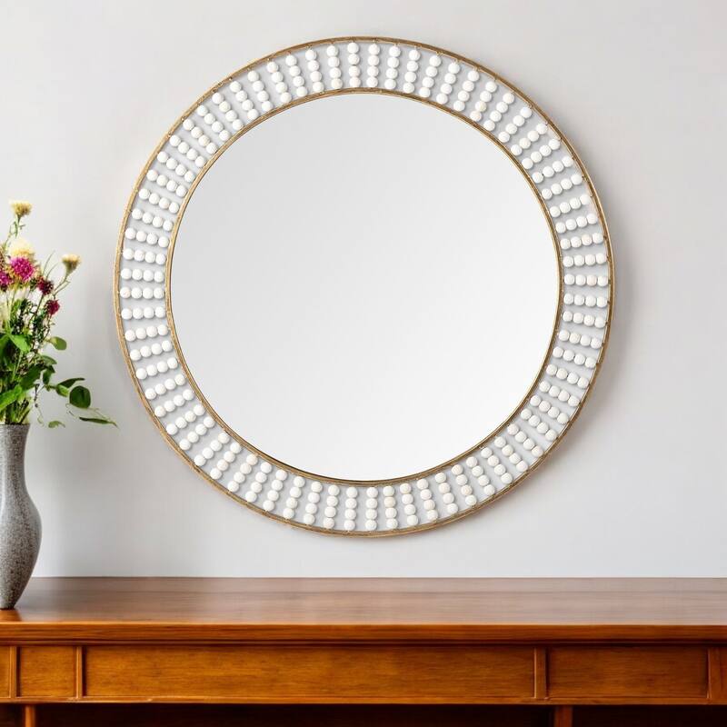HomeRoots 42" Round Gold Metal Frame Wall Mirror With White Wood Beads - 21.5 - 21.5