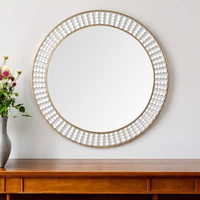 HomeRoots 42" Round Gold Metal Frame Wall Mirror With White Wood Beads - 21.5
