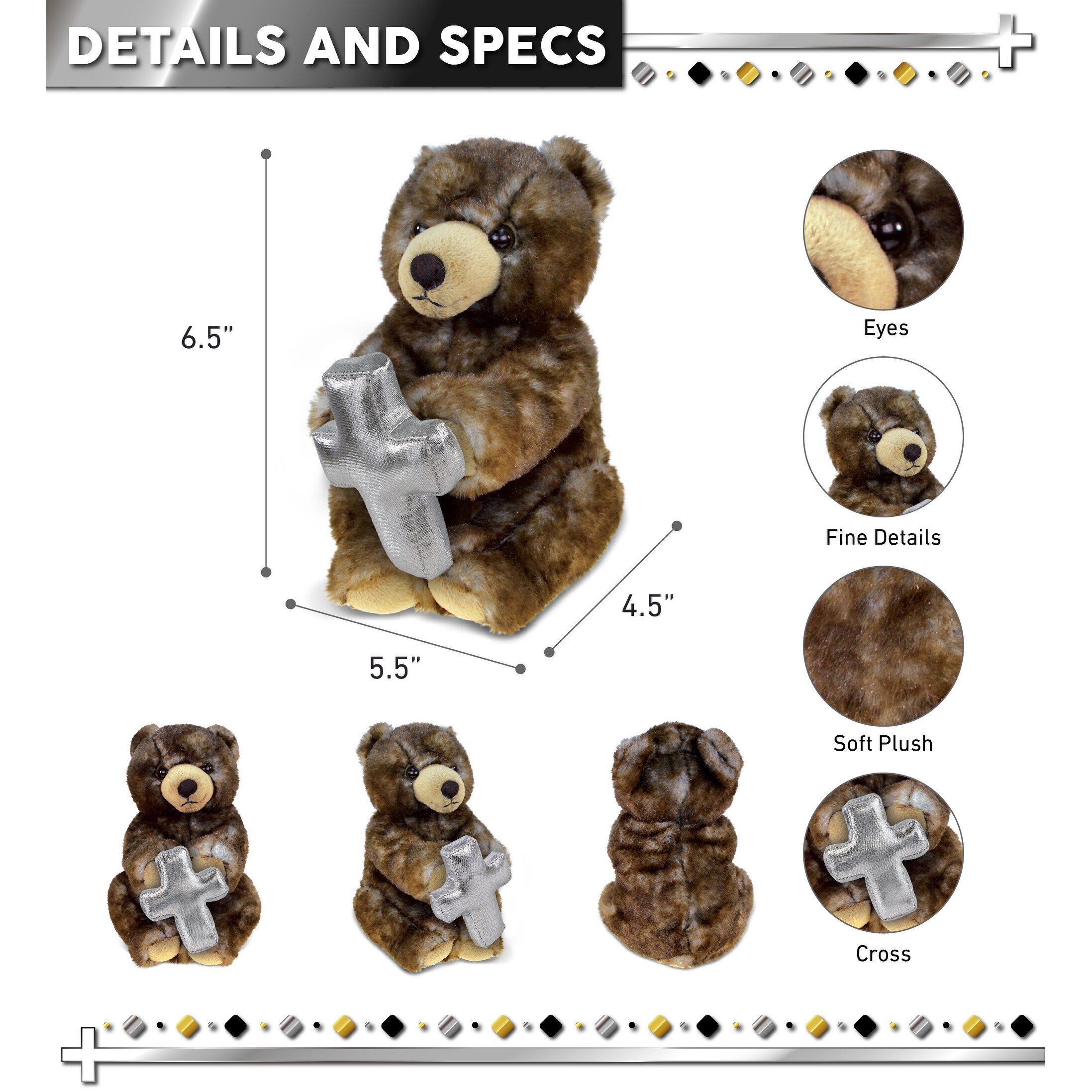 DolliBu Sitting Grizzly Bear Stuffed Animal with Silver Cross Plush 6.5 inches Bed Bath Beyond 40914031