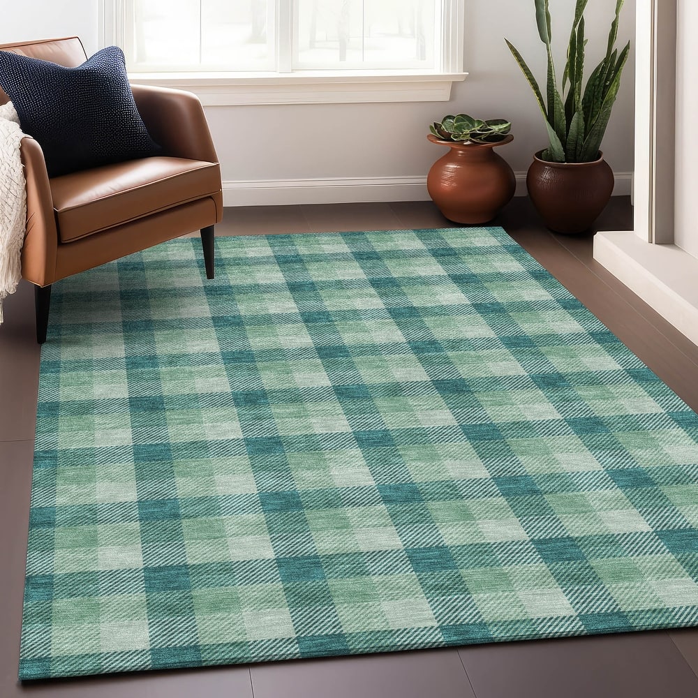 Machine Washable Indoor/ Outdoor Plaid Chantille Rug