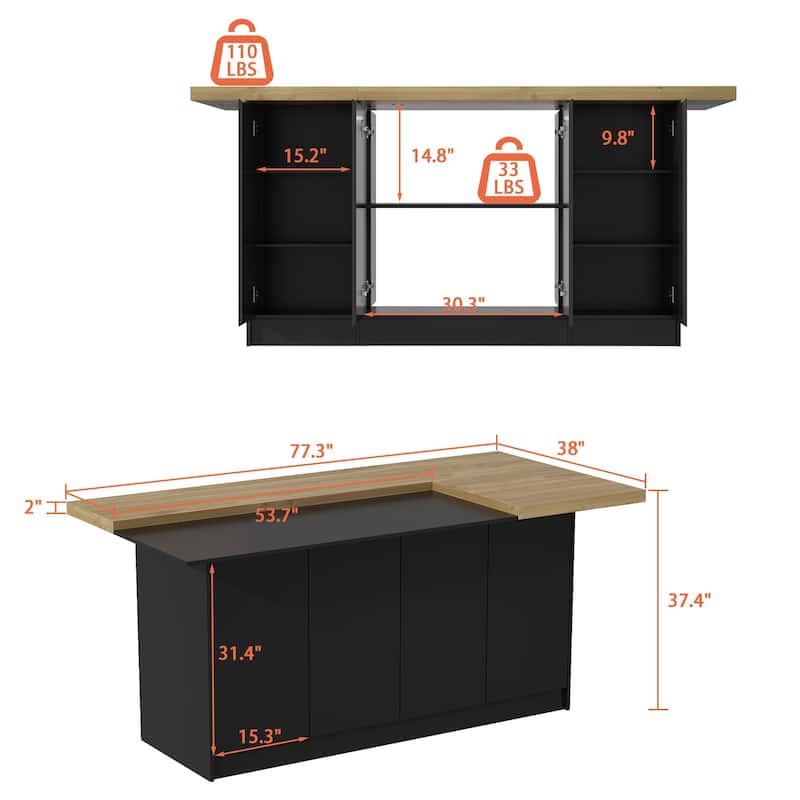 Multifunctional Kitchen Island Sociable Dining Breakfast Bar Table - 77.3"x38"