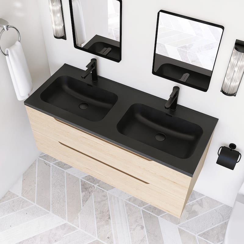 48'' Floating Bathroom Vanity in Evita Oak with Integrated Quartz Sand Top - 47.24'' x 18.90'' x 20.39''