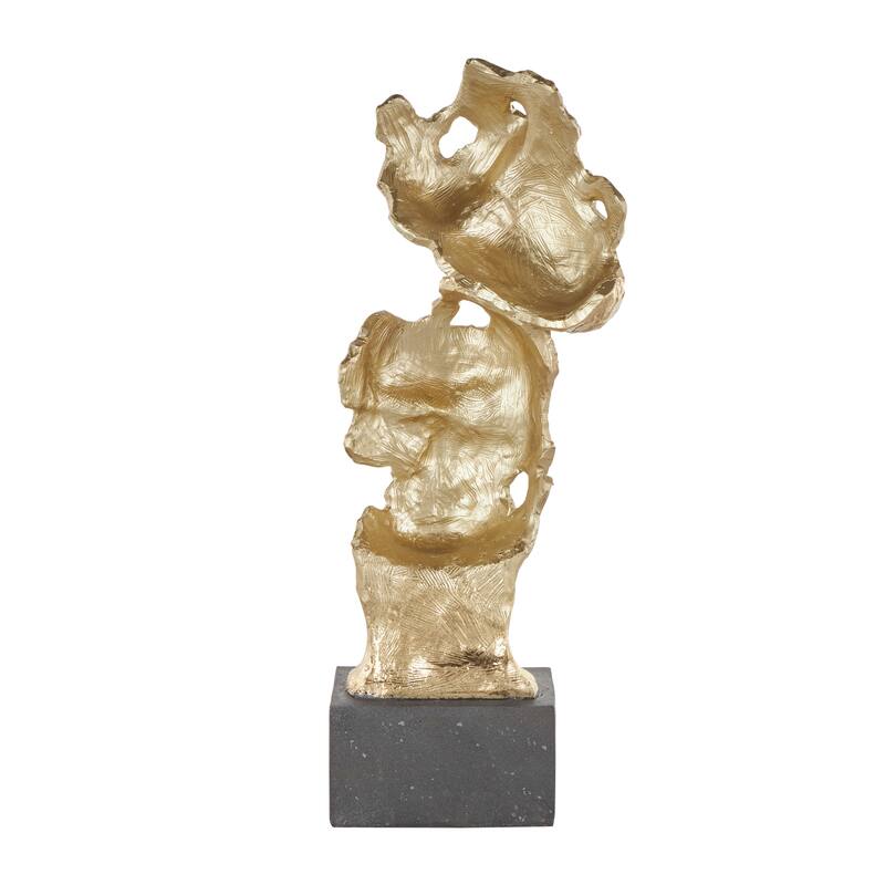 Gold Polystone Stacked Face Cutout Mask Sculpture with Black Block Base