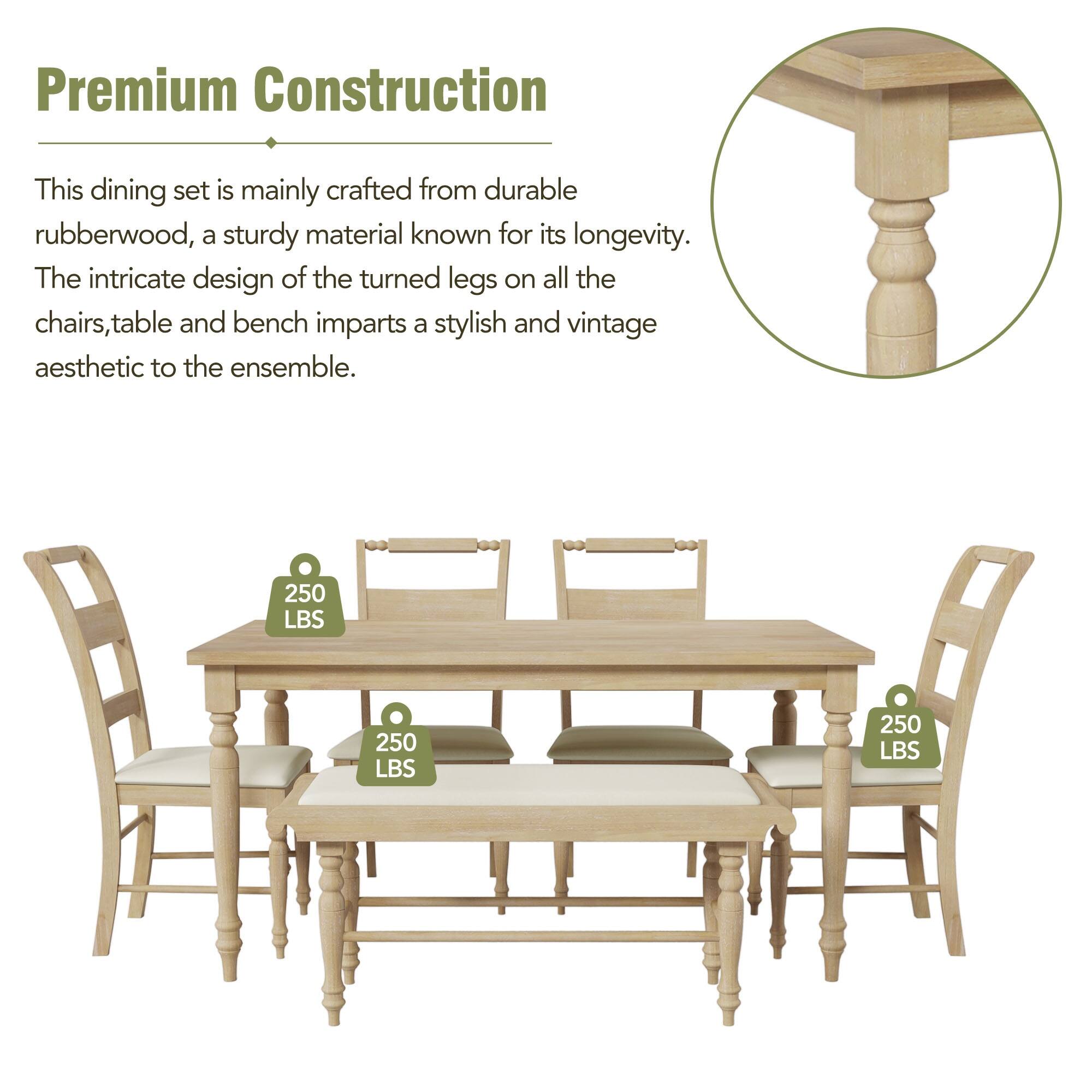 6Peice Dining Table Set with Turned Legs, Upholstered Chairs and Bench Bed Bath & Beyond