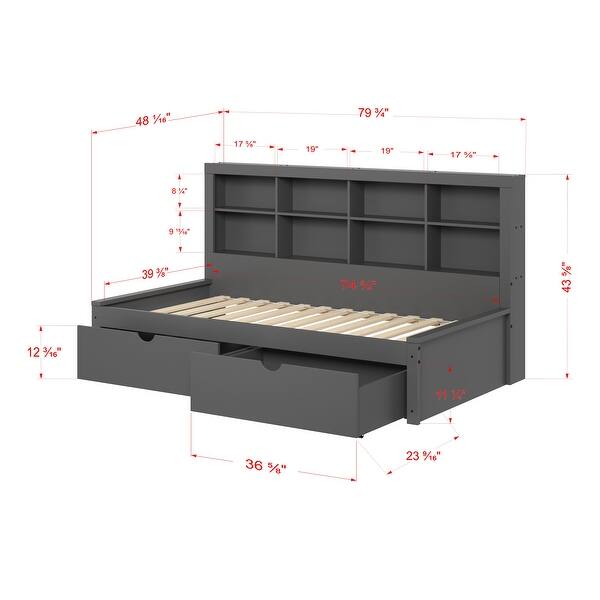 dimension image slide 0 of 2, Twin Bookcase Daybed in Dark Grey with optional Trundle or Drawers