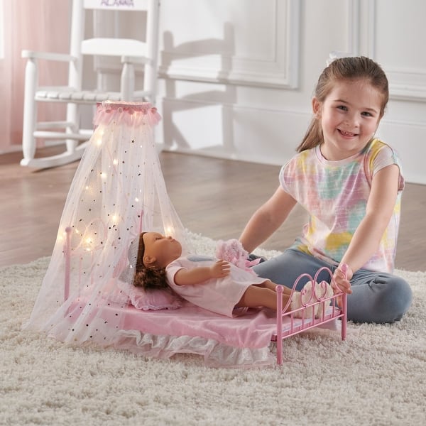 slide 2 of 9, Badger Basket Starlights LED Canopy Metal Doll Bed with Bedding - Pink