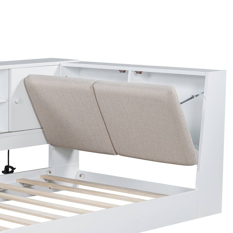 Wooden Twin Size L-shaped Daybed with Storage Bookcase
