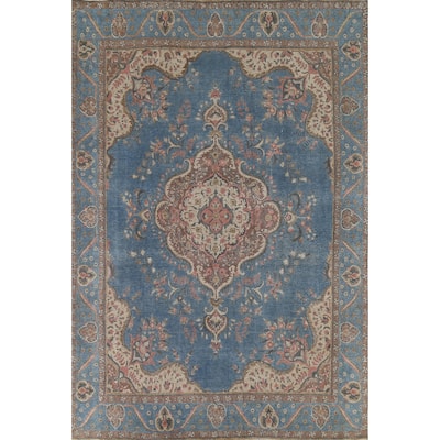 Blue Floral Tabriz Persian Antique Area Rug Hand-Knotted Wool Carpet - 9'6"x 12'10"