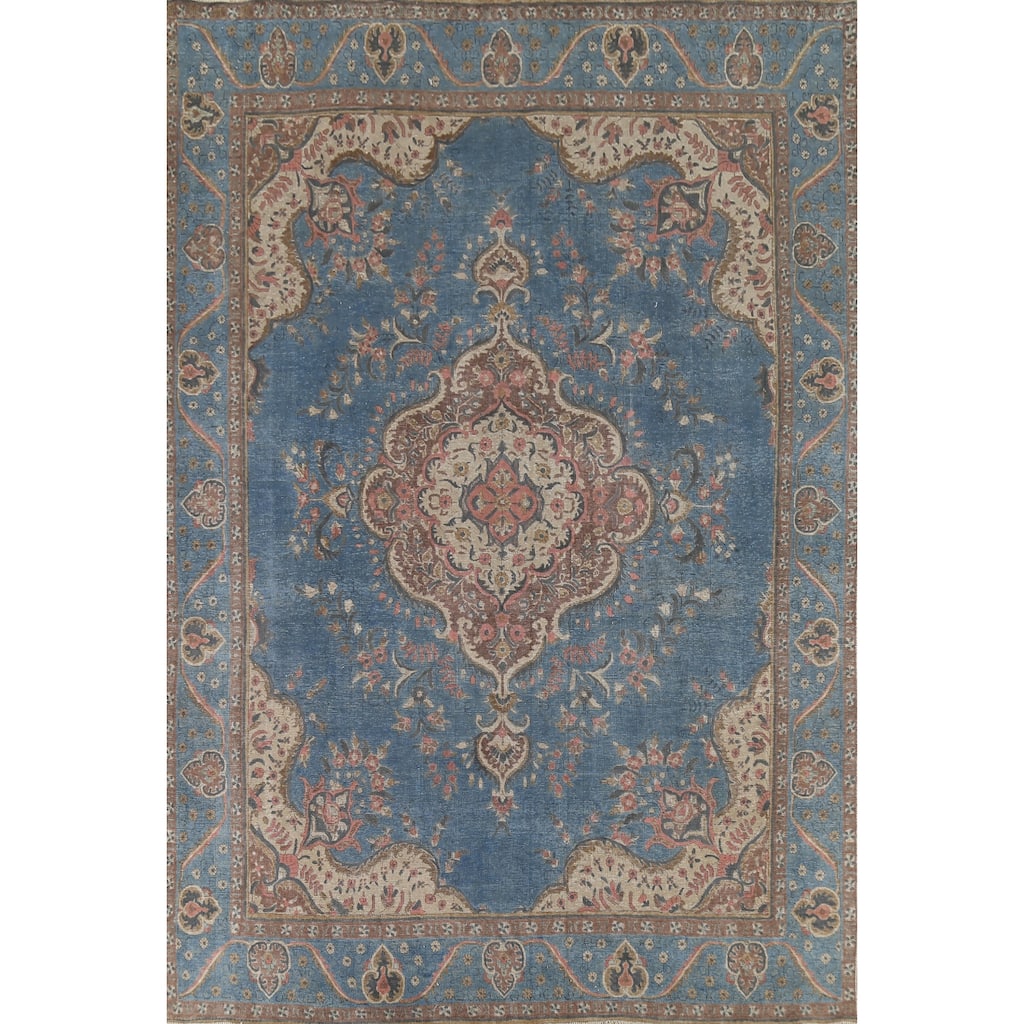 Blue Floral Tabriz Persian Antique Area Rug Hand-Knotted Wool Carpet - 9'6"x 12'10"