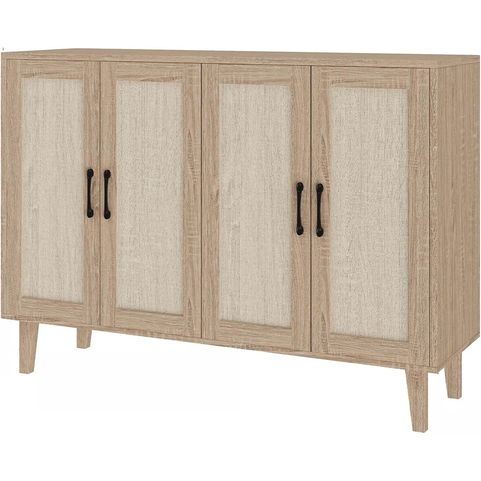 Buffet Storage Cabinet with Rattan Decorating 4 Doors Living Room Kitchen Sideboard 48.43 x 34.65 x 15 inch (Natural Wood)