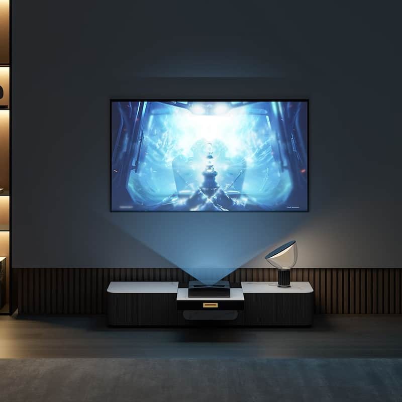 Modern TV Stand for Projector, Sintered Stone TV Cabinet with Drawers for Home Theater, Oak Veneer MDF, Black & White