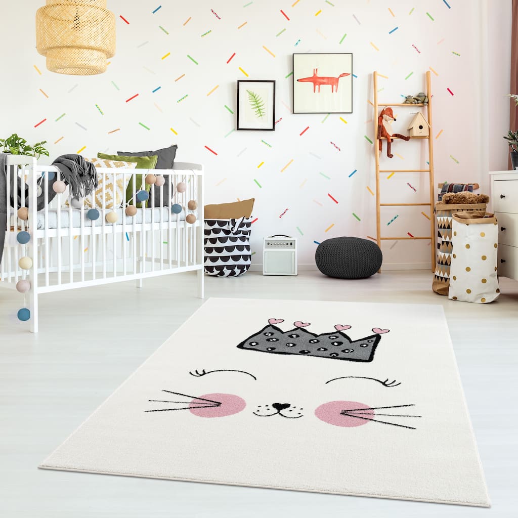 Abani Play Contemporary Pink and Yellow Kitten Indoor Area Rug