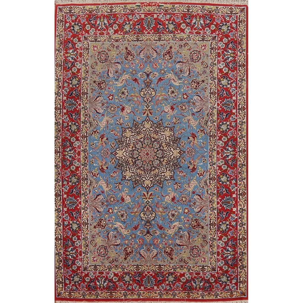 Vegetable Dye Blue Signed Isfahan Persian Rug Handmade Wool Carpet - 3'8" x 5'7"
