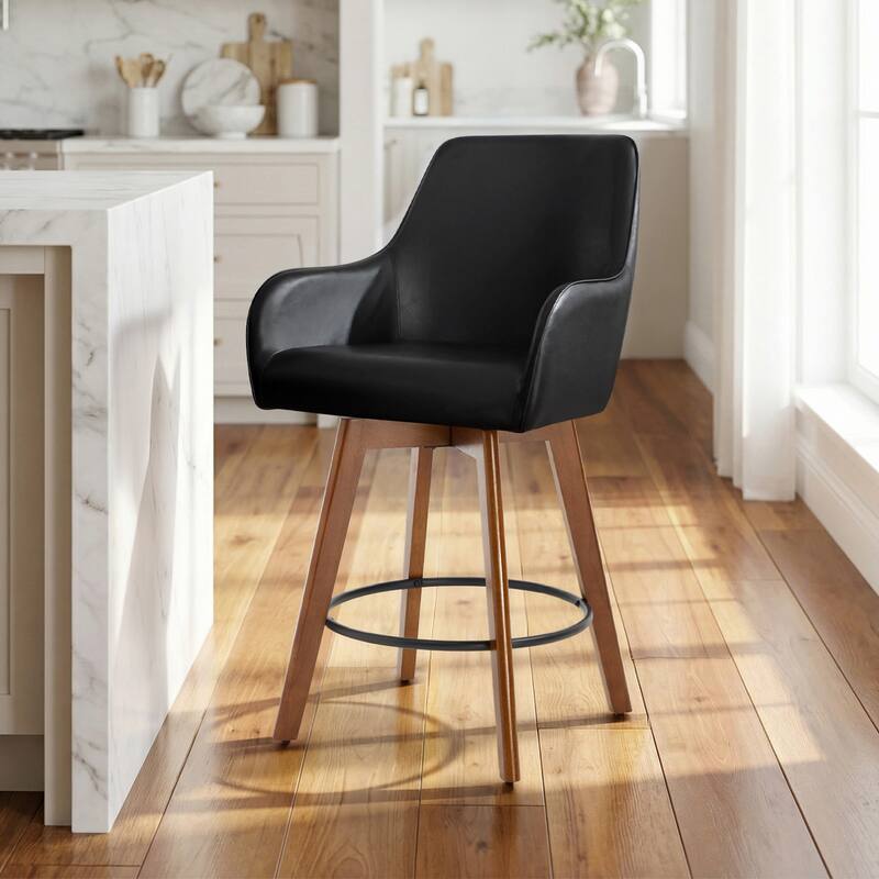 25 Inch Upholstered Swivel Counter Height Bar Stool with Armrests, Solid Wood Legs - 23.6"W x 22.4"D x 40.2"H