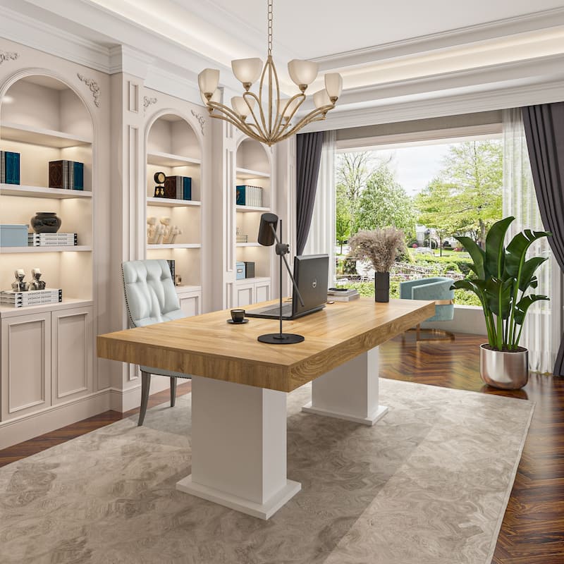 Wooden Conference Table with White Base Meeting Table Computer Desk
