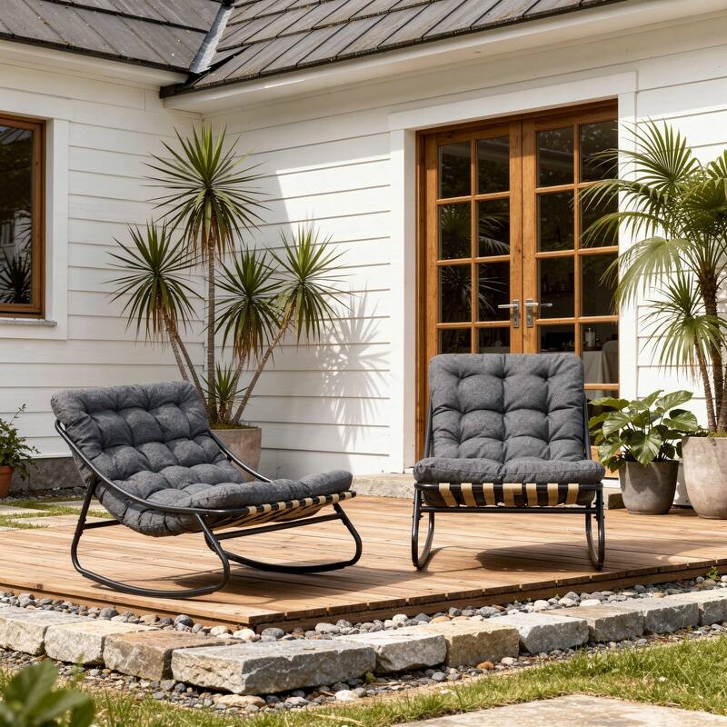 Outdoor Metal Frame Rocking Chair with Water-Resistant Cushions - 2 Set - Dark Gray/2 Set