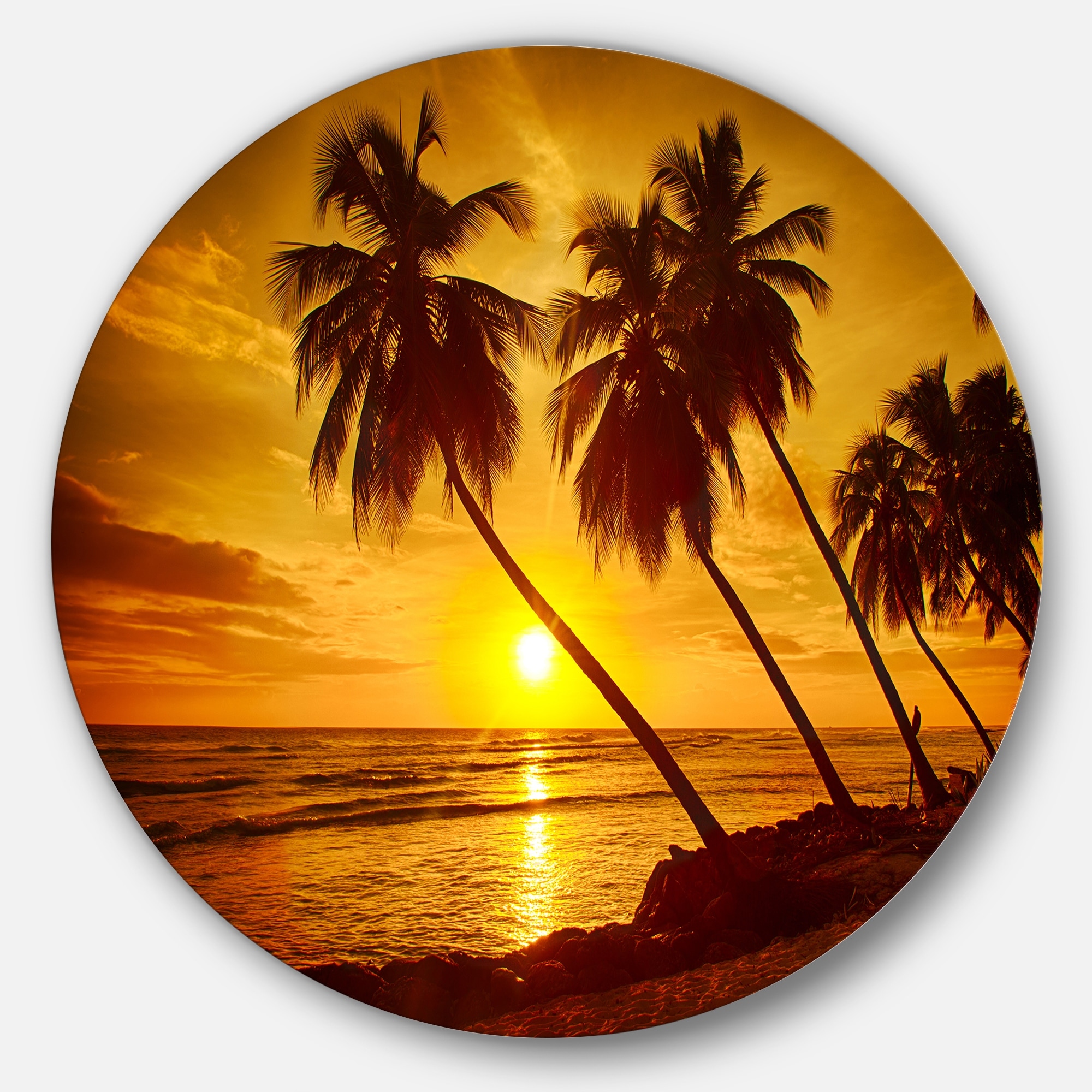 Designart 'Beach Sunset in Island Barbados' Modern Seascape Round Metal Wall Art