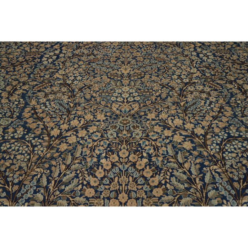 Hand Knotted Oriental 100% Wool Carpet Traditional All-Over Navy Blue & Blues Kerman Area Rug - 12' 10'' X 9' 9''