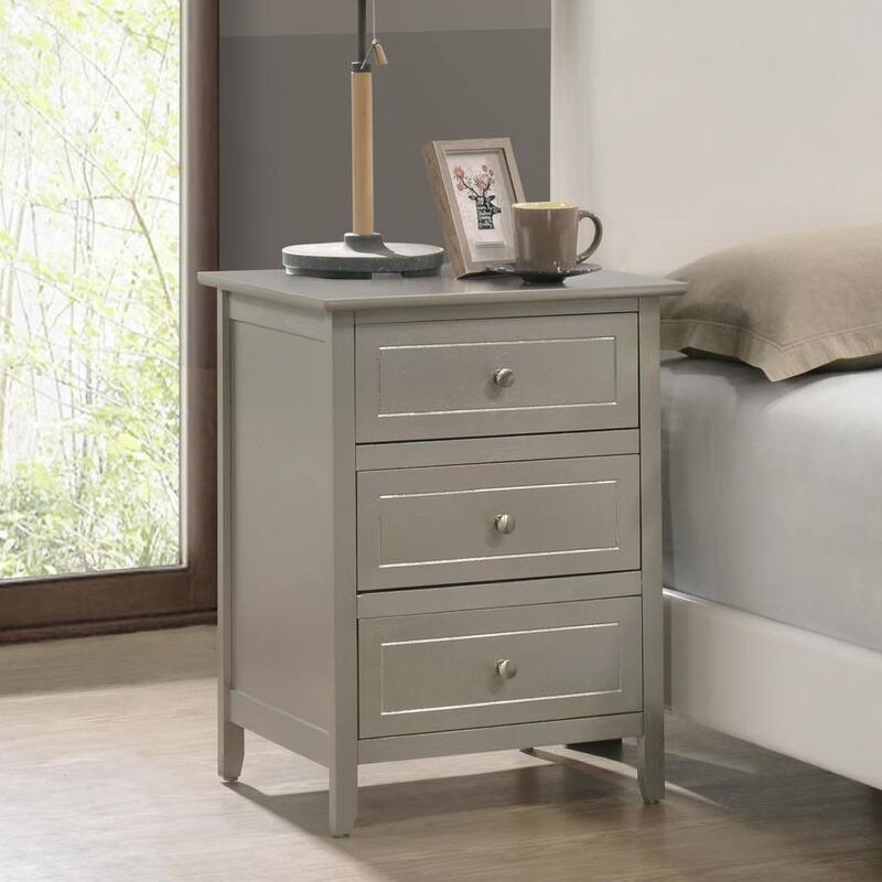 Modern classic solid wood nightstand, living room side table with three storage drawers and metal handles - Champagne