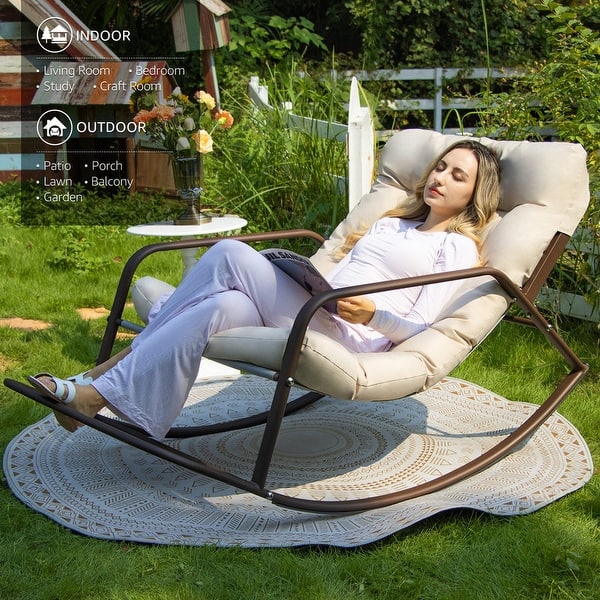 Outdoor Papasan Rocking Chair, Patio Oversized Wicker Egg Rocking Chair, Indoor & Outdoor Comfy Rocker Chair With Thick Cushion, Modern Lounge Chair Front Porc