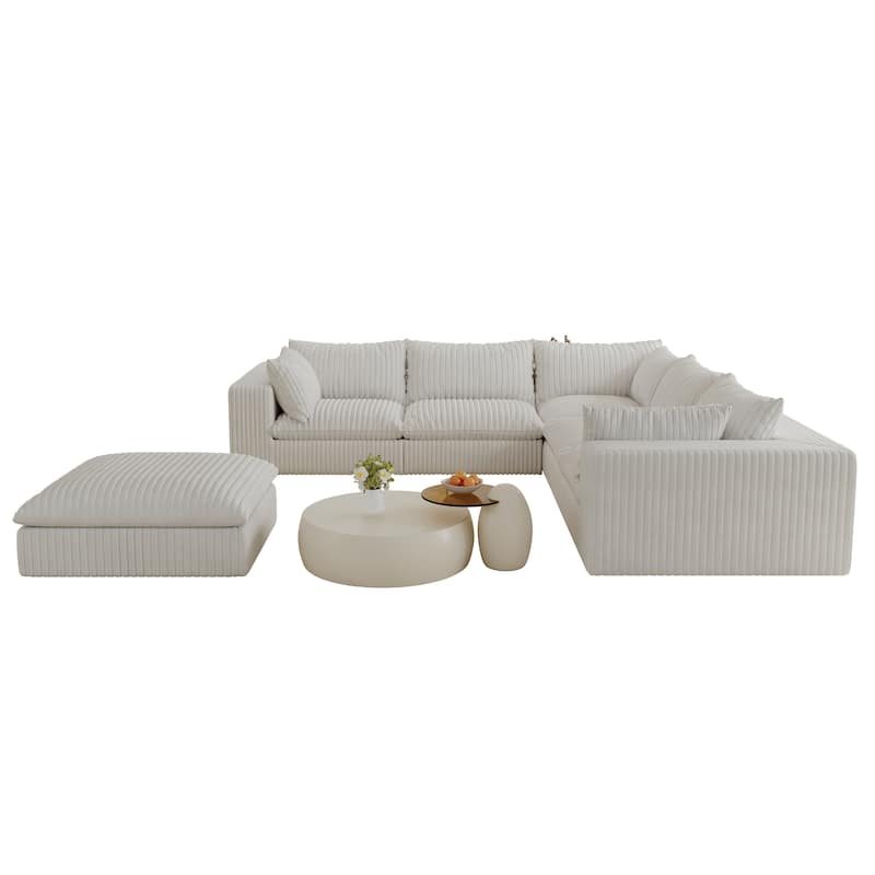 Modular Deep Seat Corner Sofa Corduroy Upholstered L-shaped Sectional Couch with Ottoman and Double-layer Seat Cushions