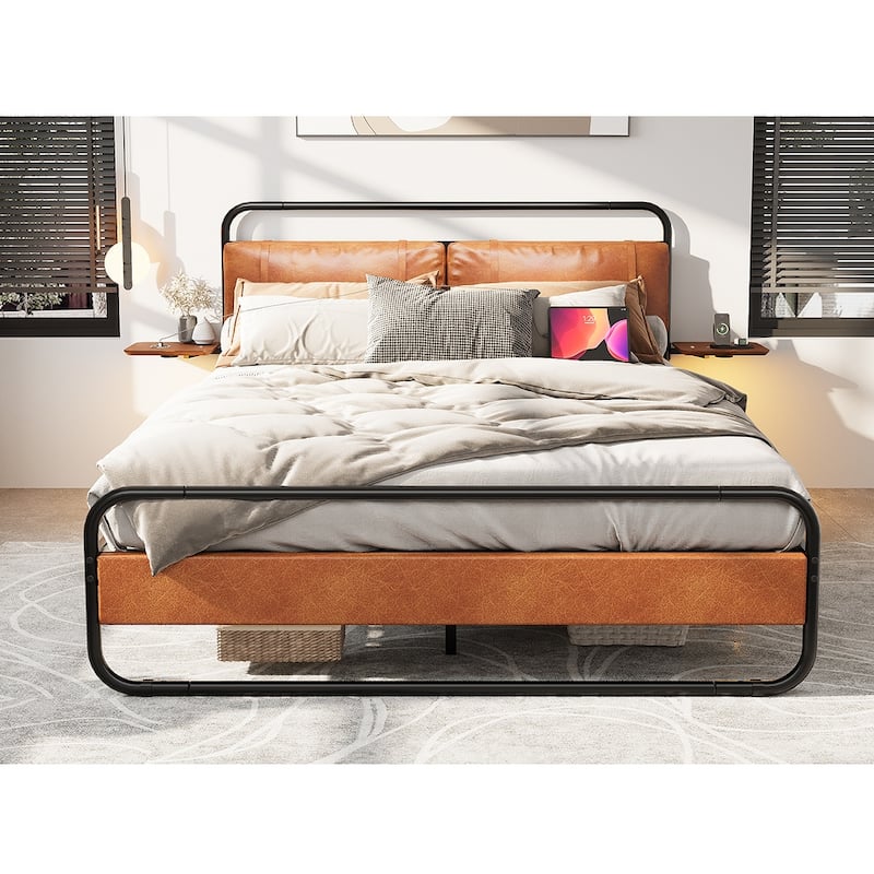 King Size Modern Metal Platform Bed with Upholstered Headboard and wireless charging