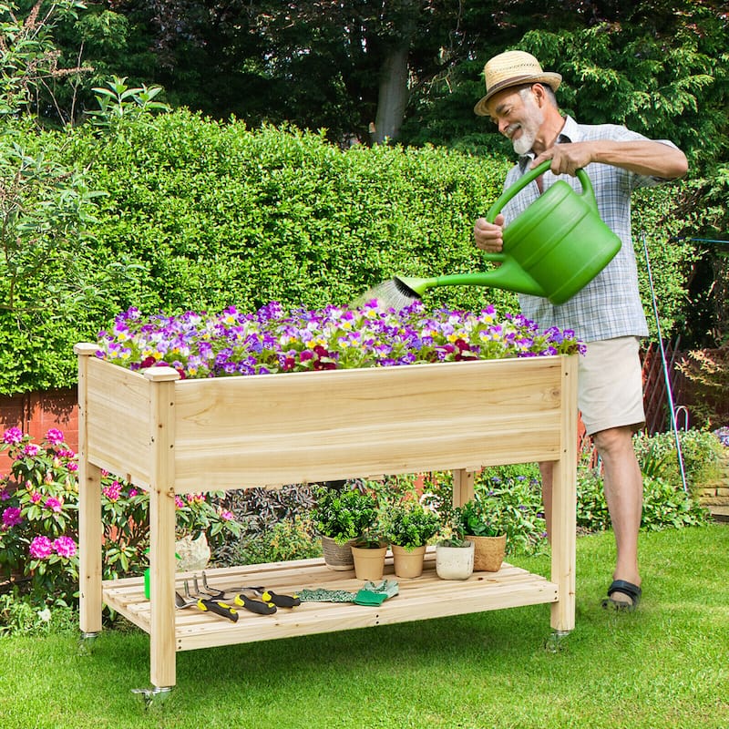 Costway Raised Garden Bed Wood Elevated Planter Bed w/Lockable Wheels - See Details