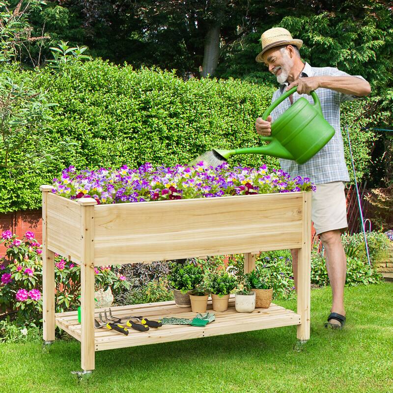Gymax Raised Garden Bed Wood Elevated Planter Bed w/Lockable Wheels - See Details