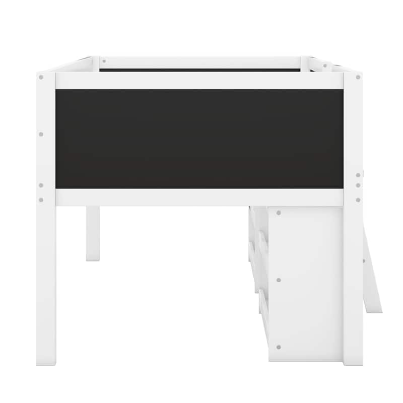 Twin Low Loft Bed with Decorative Chalkboard, Movable Storage Shelves, No Box Spring